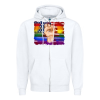 White lgbtq flag and american flag with hand Zipper Hoodie - Artiststas
