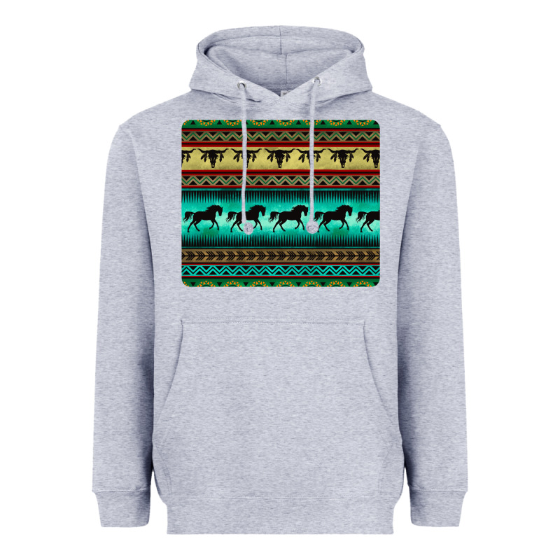 Turquoise Horse And Bullskull Aztec  Pattern Heavyweight Hoodie by BarkalooDesign | Teevron