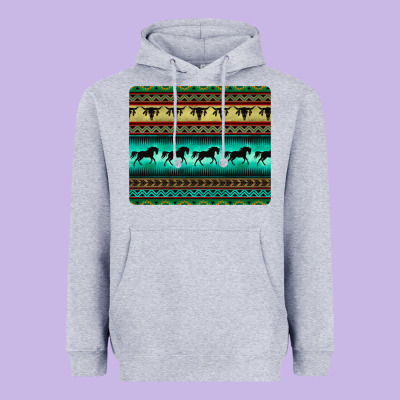 Turquoise Horse And Bullskull Aztec  Pattern Heavyweight Hoodie Designed By Barkaloodesign