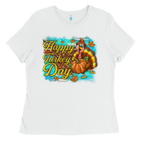 White Happy Turkey Day Ladies Tee - texasbilliewilder