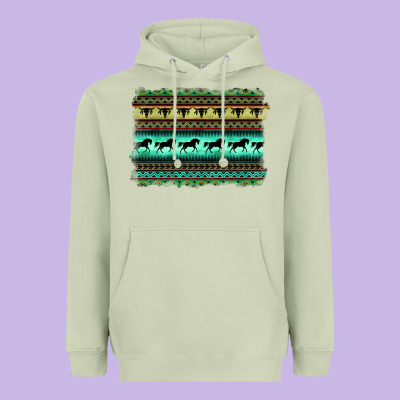 Turquoise Aztec Bullskull And Horse Heavyweight Hoodie Designed By Barkaloodesign