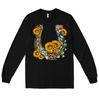 Black western leopard cowhide sunflowers horseshoe Long Sleeve Tee - OliviaCreatesArt