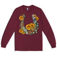 Burgundy western leopard cowhide sunflowers horseshoe Long Sleeve Tee - OliviaCreatesArt