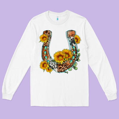 Western Leopard Cowhide Sunflowers Horseshoe Long Sleeve Tee Designed By Oliviacreatesart