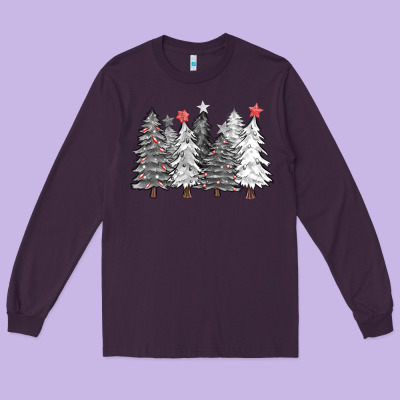 Black And White Christmas Trees With Lights Long Sleeve Tee Designed By Fadigitalartstudio