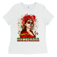 White Sugar skull girl with Mexicana Ladies Tee - NancyCooperArtShop