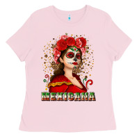 Bubblegum Pink Sugar skull girl with Mexicana Ladies Tee - NancyCooperArtShop
