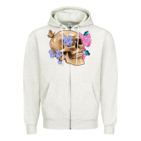 Oatmeal Heather skull flora butterfly Zipper Hoodie - Artiststas
