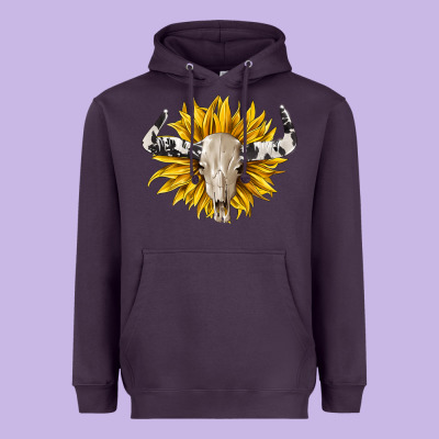 Cowhide Bull Skull And Sunflower Heavyweight Hoodie Designed By Barkaloodesign