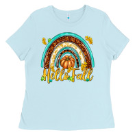 Baby Blue Hello Fall with Rainbow Ladies Tee - texasbilliewilder