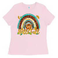 Bubblegum Pink Hello Fall with Rainbow Ladies Tee - texasbilliewilder