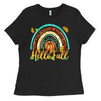 Black Hello Fall with Rainbow Ladies Tee - texasbilliewilder