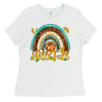 White Hello Fall with Rainbow Ladies Tee - texasbilliewilder