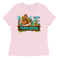 Bubblegum Pink Love Thanksgiving with Turkey Ladies Tee - texasbilliewilder