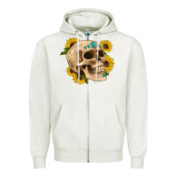Oatmeal Heather skull flowers and gemstone Zipper Hoodie - Artiststas