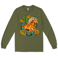 Army Green western horse cactus sunflowers horseshoe Long Sleeve Tee - OliviaCreatesArt