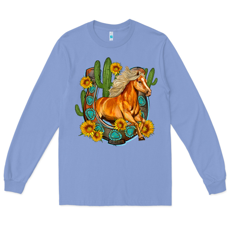 Western Horse Cactus Sunflowers Horseshoe Long Sleeve Tee by OliviaCreatesArt | Teevron