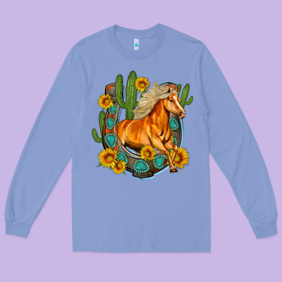 Western Horse Cactus Sunflowers Horseshoe Long Sleeve Tee Designed By Oliviacreatesart