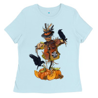 Baby Blue Scarecrow with Pumpkin Ladies Tee - texasbilliewilder