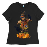 Black Scarecrow with Pumpkin Ladies Tee - texasbilliewilder