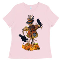 Bubblegum Pink Scarecrow with Pumpkin Ladies Tee - texasbilliewilder
