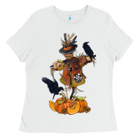 White Scarecrow with Pumpkin Ladies Tee - texasbilliewilder
