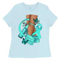 Baby Blue Ovarian Cancer diva teal ribbon Ladies Tee - NancyCooperArtShop