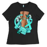 Black Ovarian Cancer diva teal ribbon Ladies Tee - NancyCooperArtShop