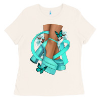 Bone Ovarian Cancer diva teal ribbon Ladies Tee - NancyCooperArtShop