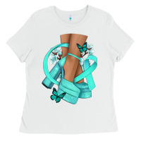 White Ovarian Cancer diva teal ribbon Ladies Tee - NancyCooperArtShop