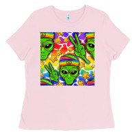 Bubblegum Pink Pride LGBTQ+ aliens and stars with rainbow Ladies Tee - NancyCooperArtShop