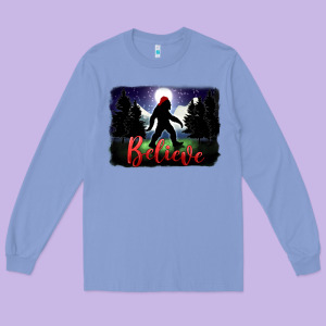 Bigfoot Believe Christmas Long Sleeve Tee Designed By Fadigitalartstudio