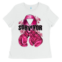 White Survivor Breast Cancer with boxing gloves Ladies Tee - NancyCooperArtShop
