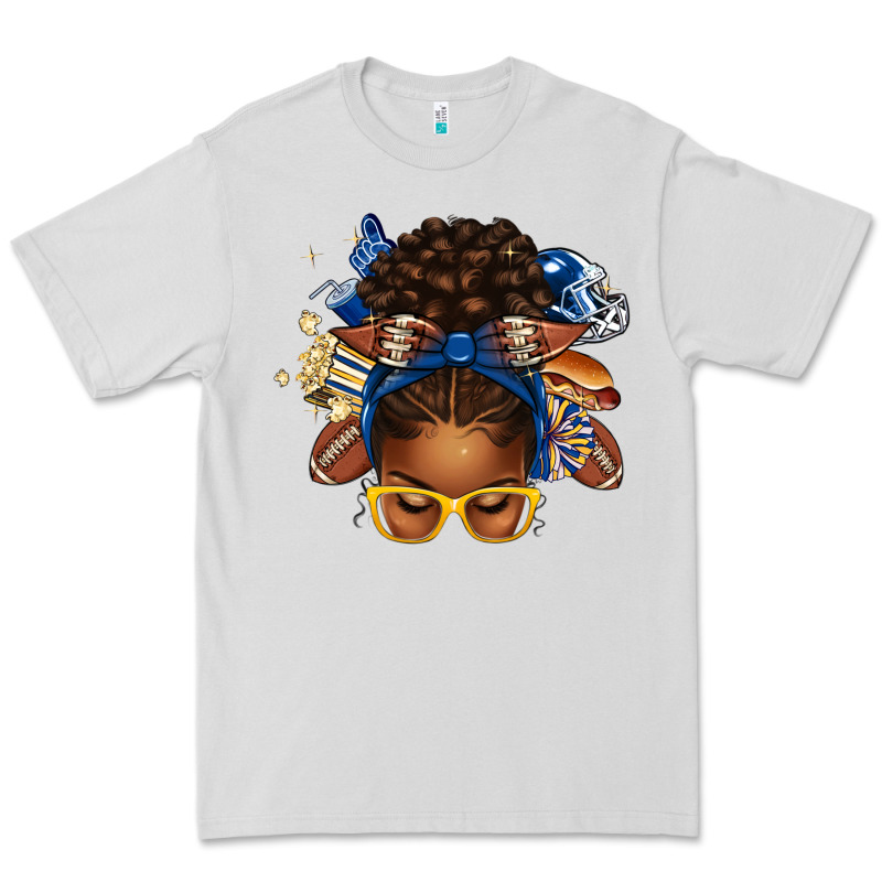 Blue And Gold American Football Afro Messy Bun Premium Tee by texasbilliewilder | Teevron