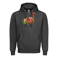 Charcoal Heather flamingo with tropical flowers Zipper Hoodie - Artiststas