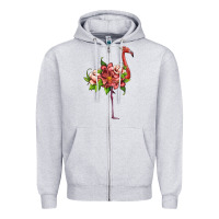 Heather Grey flamingo with tropical flowers Zipper Hoodie - Artiststas