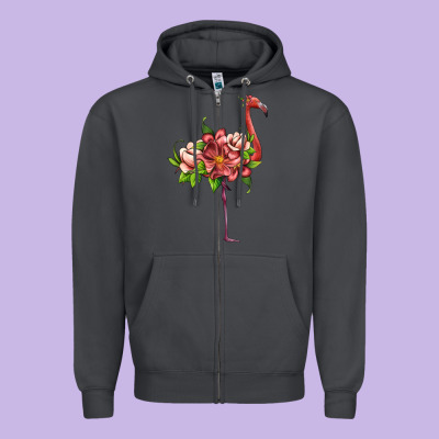 Flamingo With Tropical Flowers Zipper Hoodie Designed By Artiststas