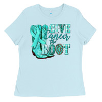 Baby Blue Give Cancer the boot Ovarian Cancer teal ribbon Ladies Tee - NancyCooperArtShop