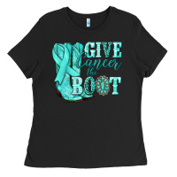 Black Give Cancer the boot Ovarian Cancer teal ribbon Ladies Tee - NancyCooperArtShop