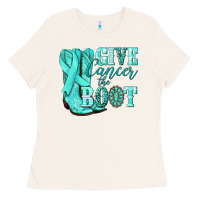 Bone Give Cancer the boot Ovarian Cancer teal ribbon Ladies Tee - NancyCooperArtShop