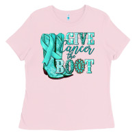 Bubblegum Pink Give Cancer the boot Ovarian Cancer teal ribbon Ladies Tee - NancyCooperArtShop