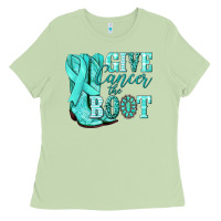 Matcha Give Cancer the boot Ovarian Cancer teal ribbon Ladies Tee - NancyCooperArtShop
