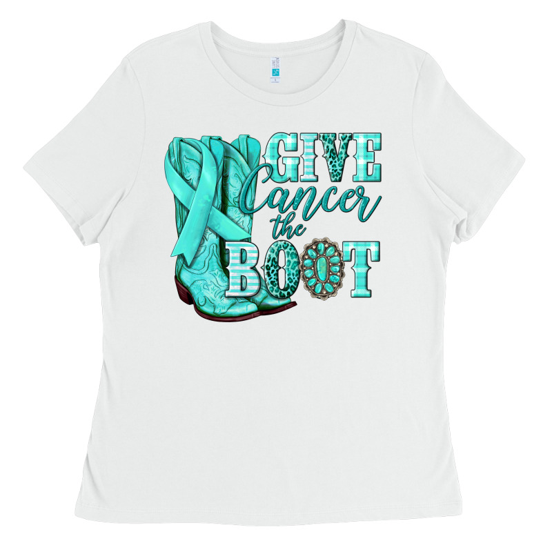 Give Cancer The Boot Ovarian Cancer Teal Ribbon Ladies Tee by NancyCooperArtShop | Teevron