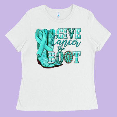 Give Cancer The Boot Ovarian Cancer Teal Ribbon Ladies Tee Designed By Nancycooperartshop