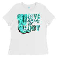 White Give Cancer the boot Ovarian Cancer teal ribbon Ladies Tee - NancyCooperArtShop
