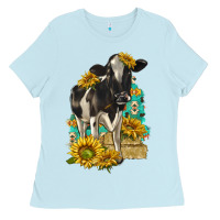 Baby Blue Sunflowers Cow Ladies Tee - texasbilliewilder