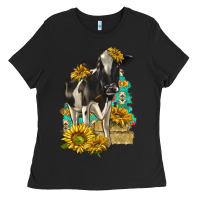 Black Sunflowers Cow Ladies Tee - texasbilliewilder