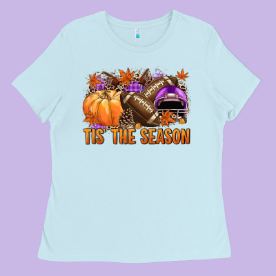 Tis' The Season Football Purple Helmet Ladies Tee Designed By Nancycooperartshop