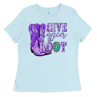 Baby Blue Give Cancer the boot purple ribbon Ladies Tee - NancyCooperArtShop