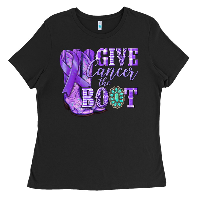 Give Cancer The Boot Purple Ribbon Ladies Tee by NancyCooperArtShop | Teevron